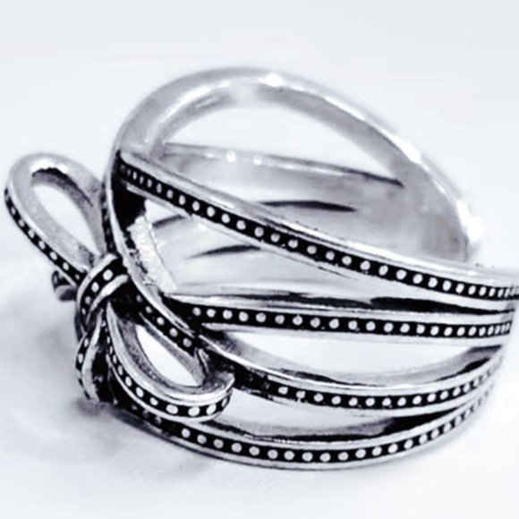 925 Sterling Silver Vintage Bow Ring Thick Chunky Silver Knot Ring - Picture 3 of 5